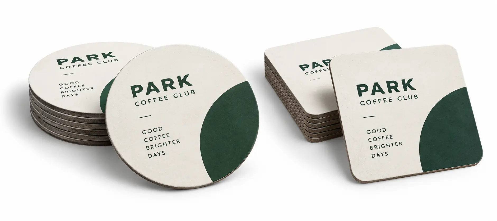 Reusable branded hardboard coasters with dark green café graphics