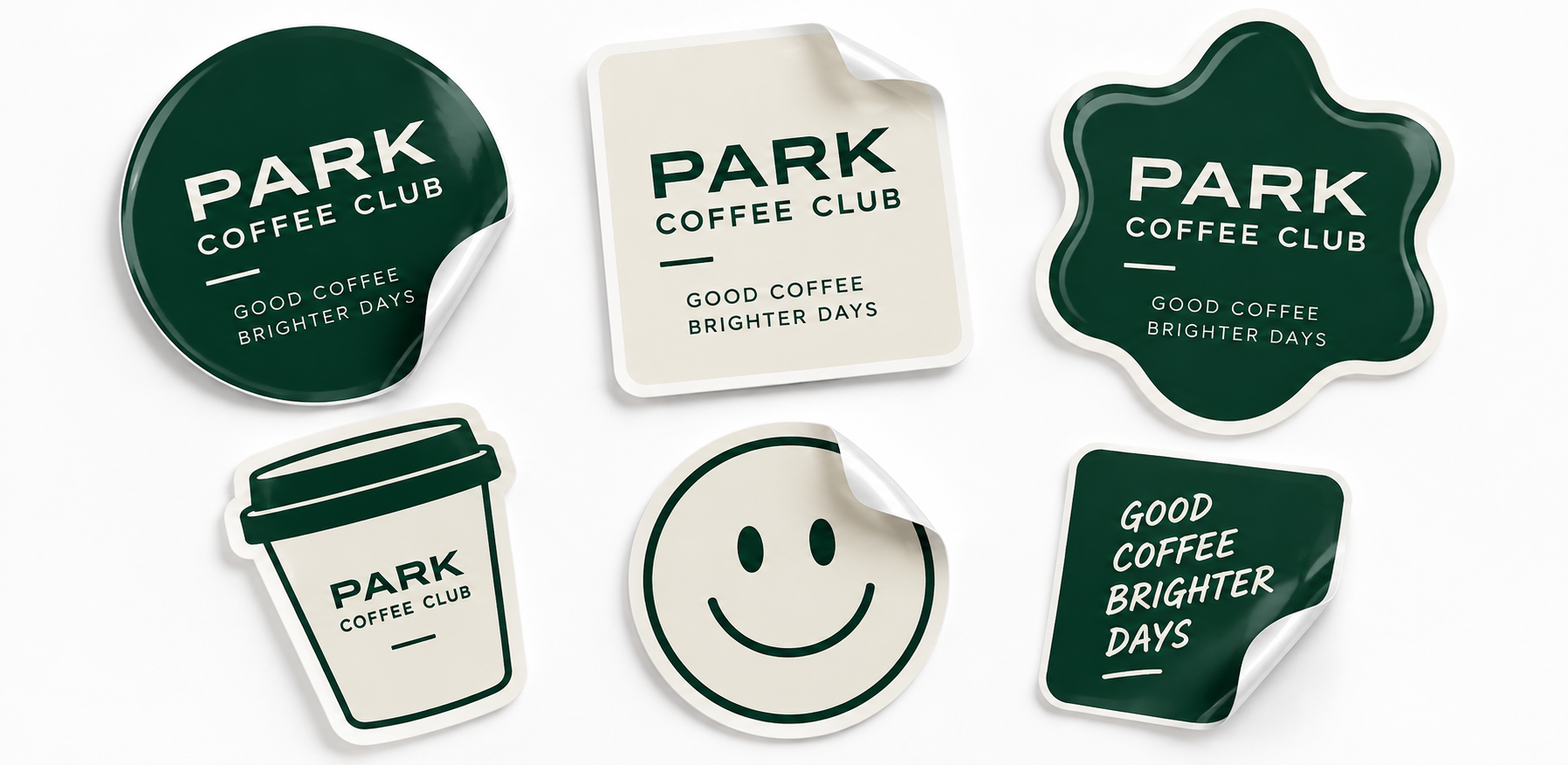 Selection of glossy branded café stickers in round, square and custom shapes