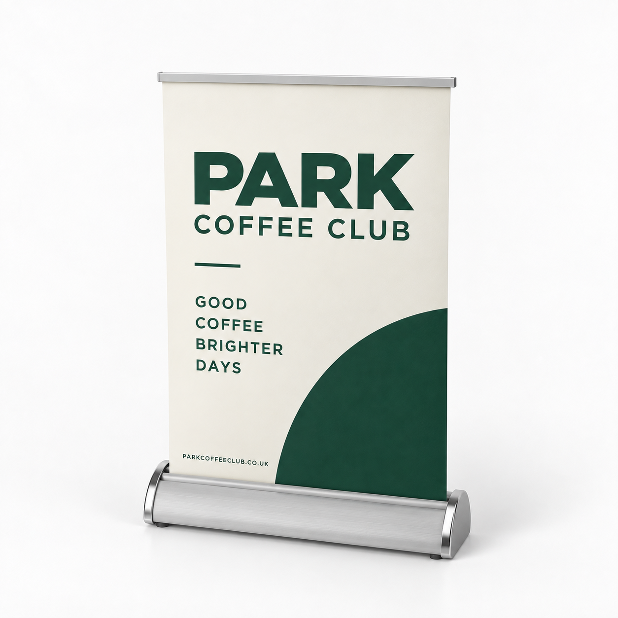 Small branded café desktop banner in a silver base
