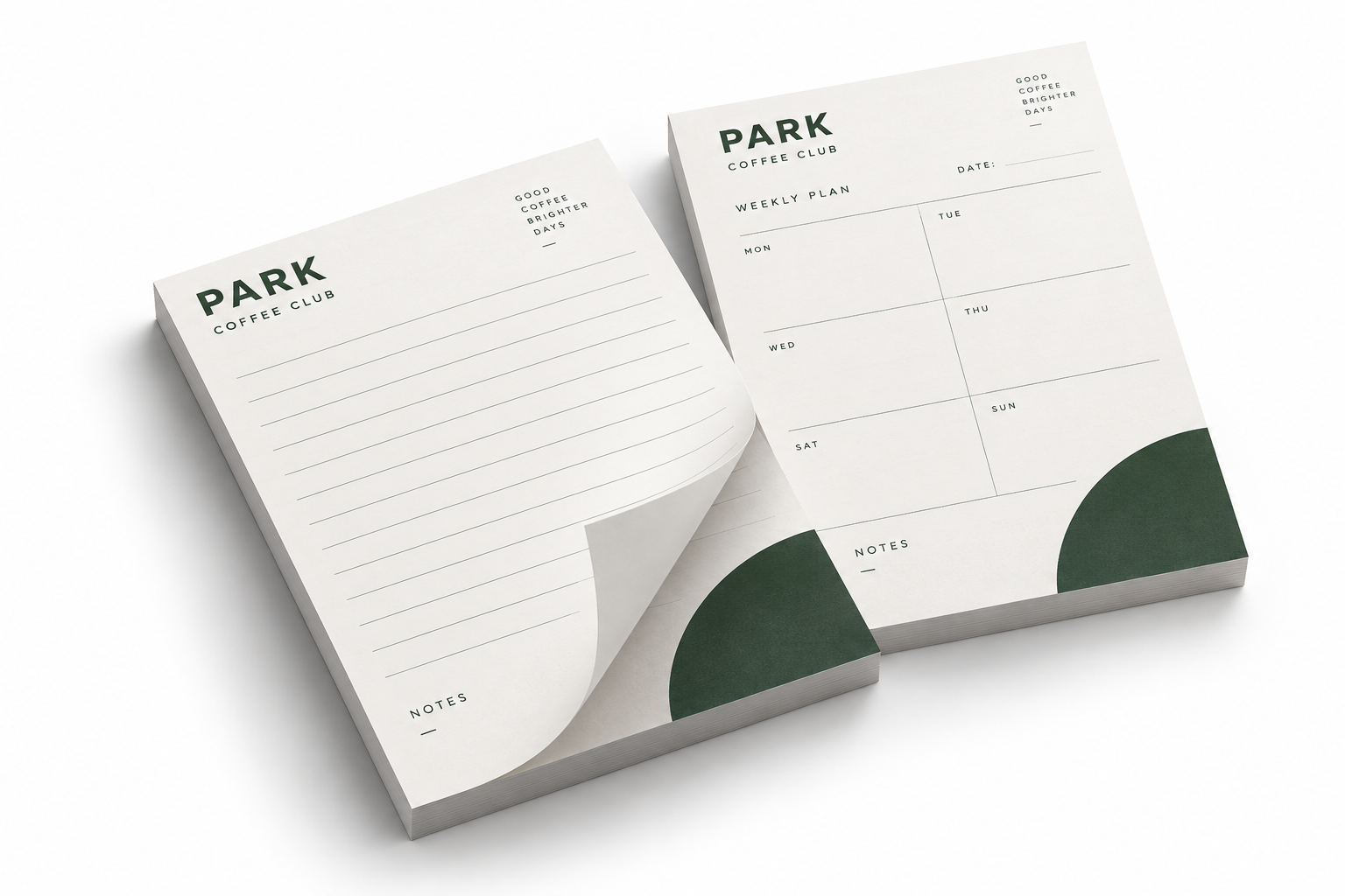 Branded notepads in multiple sizes with dark green café artwork
