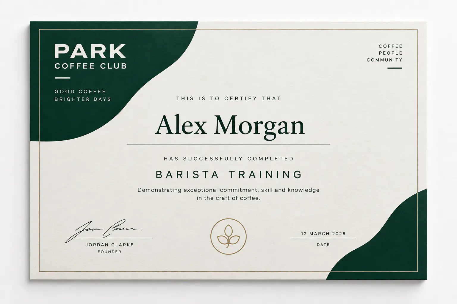 Branded barista training certificate with green and gold details