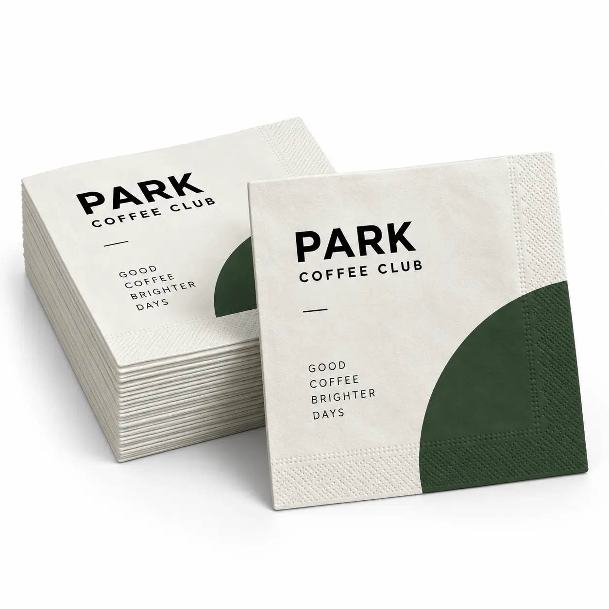 Stack of custom-printed white café napkins with dark green branding