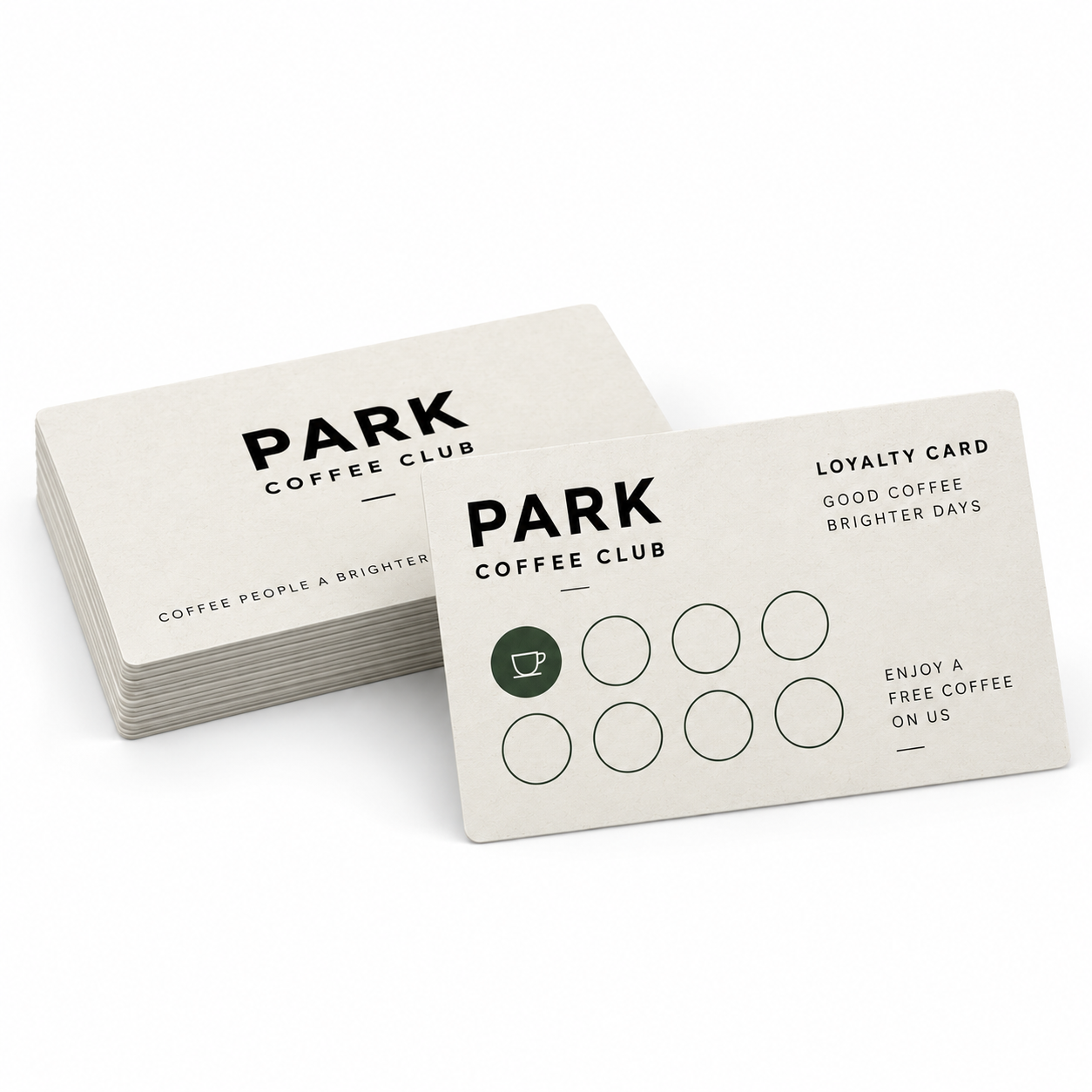 Branded coffee shop loyalty cards with stamp spaces