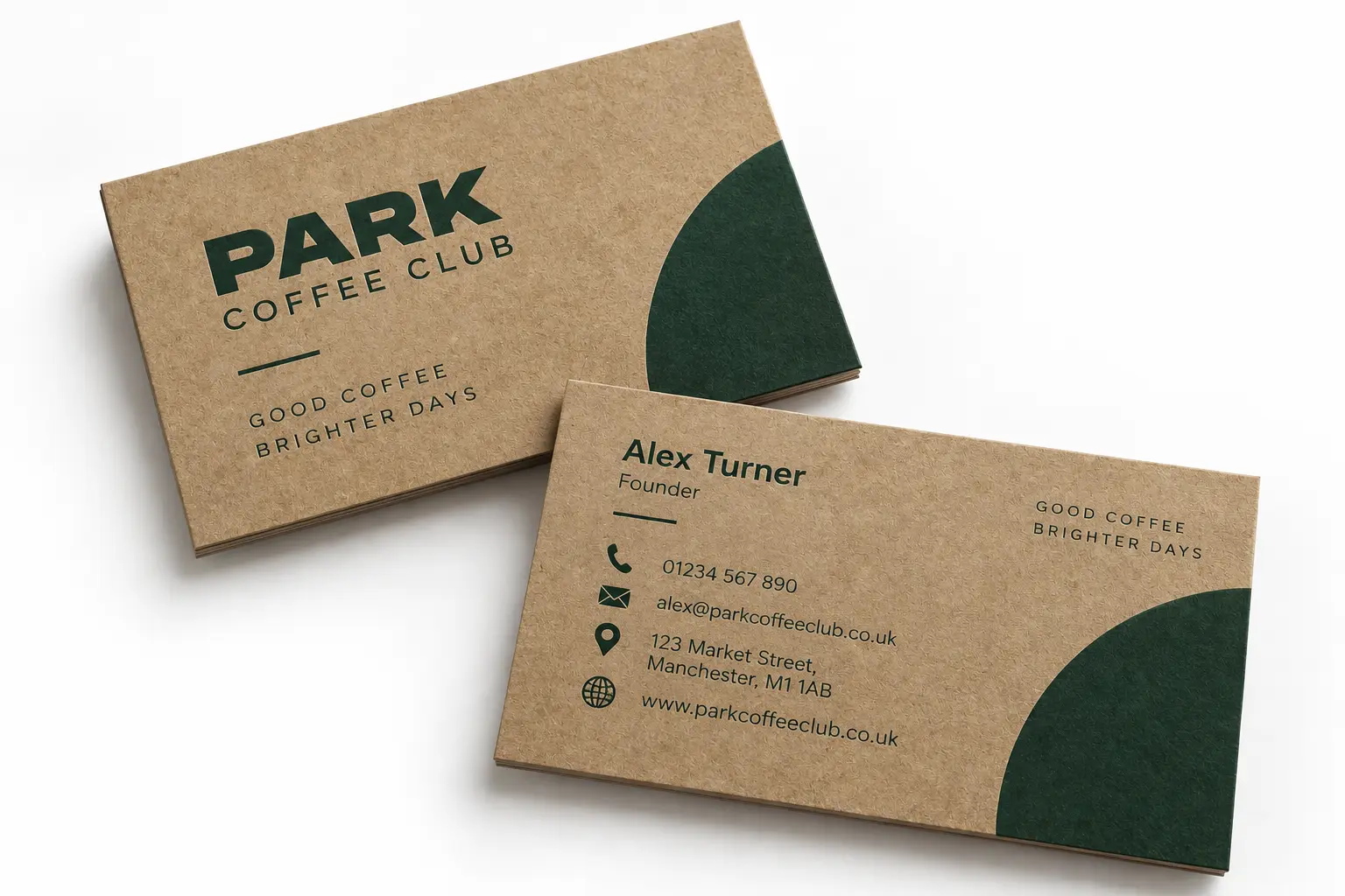 Kraft speciality café business cards shown front and back