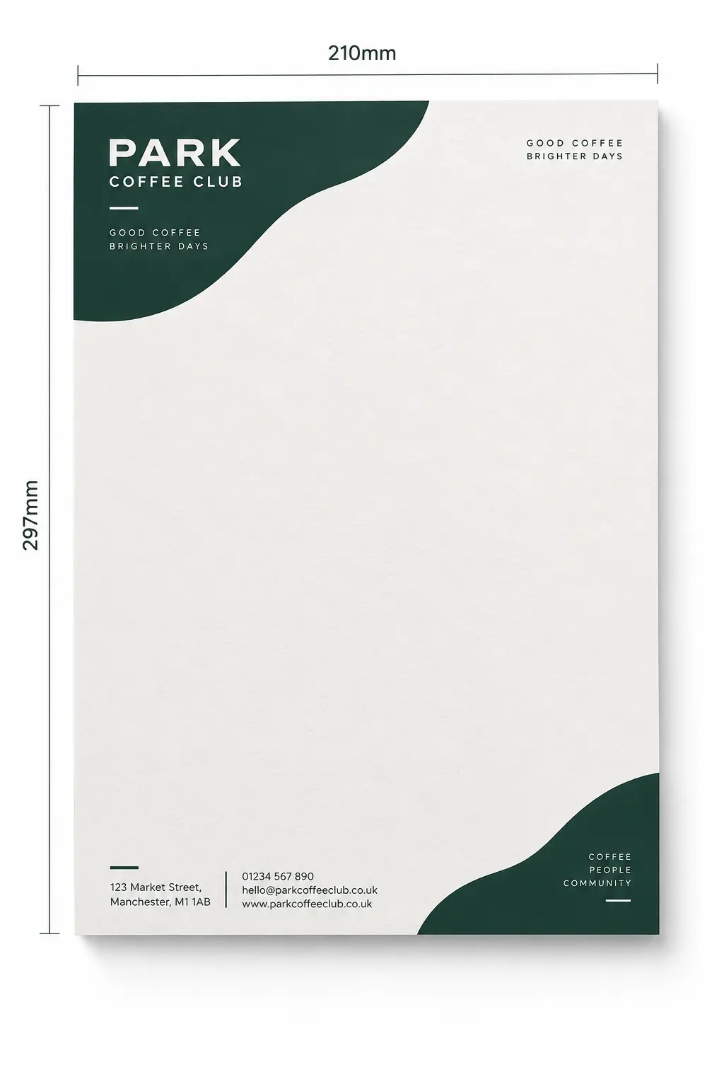 Branded A4 café letterhead with contact details