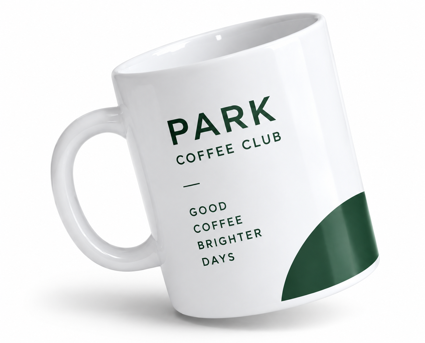White ceramic mugs printed with dark green coffee brand graphics