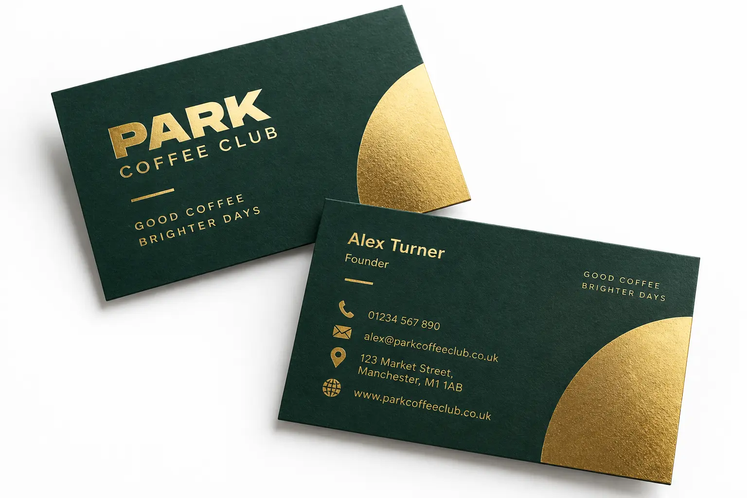 Dark green café business cards finished with raised gold foil
