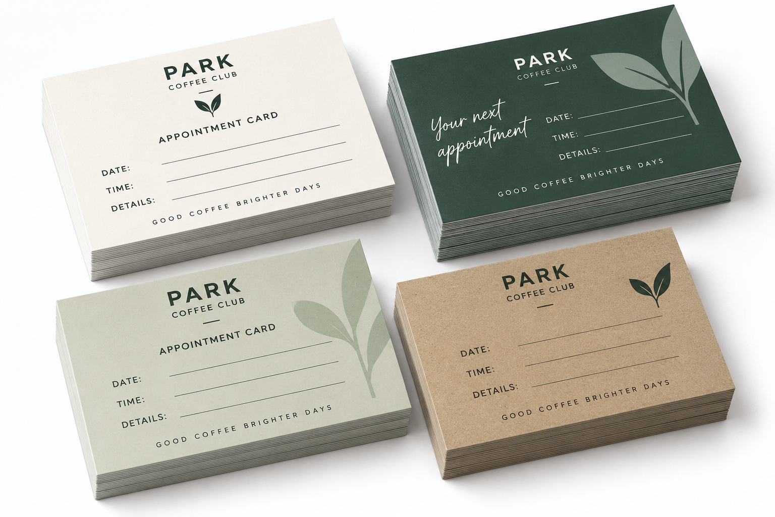 Four designs of custom-printed café appointment cards