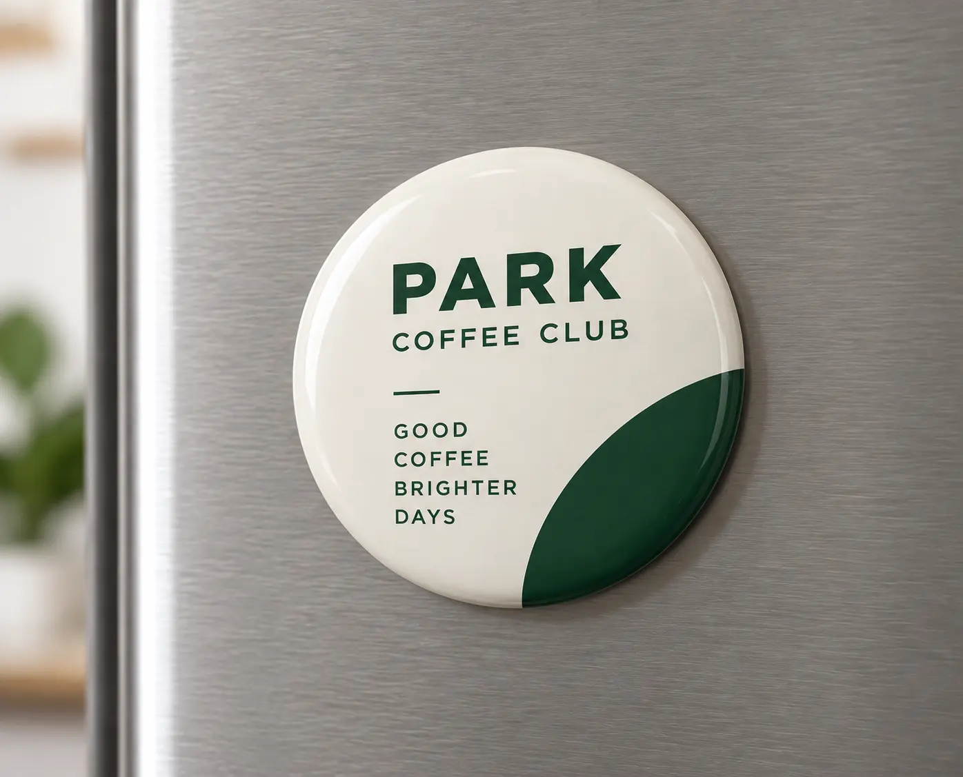 Round branded fridge magnets with dark green coffee graphics
