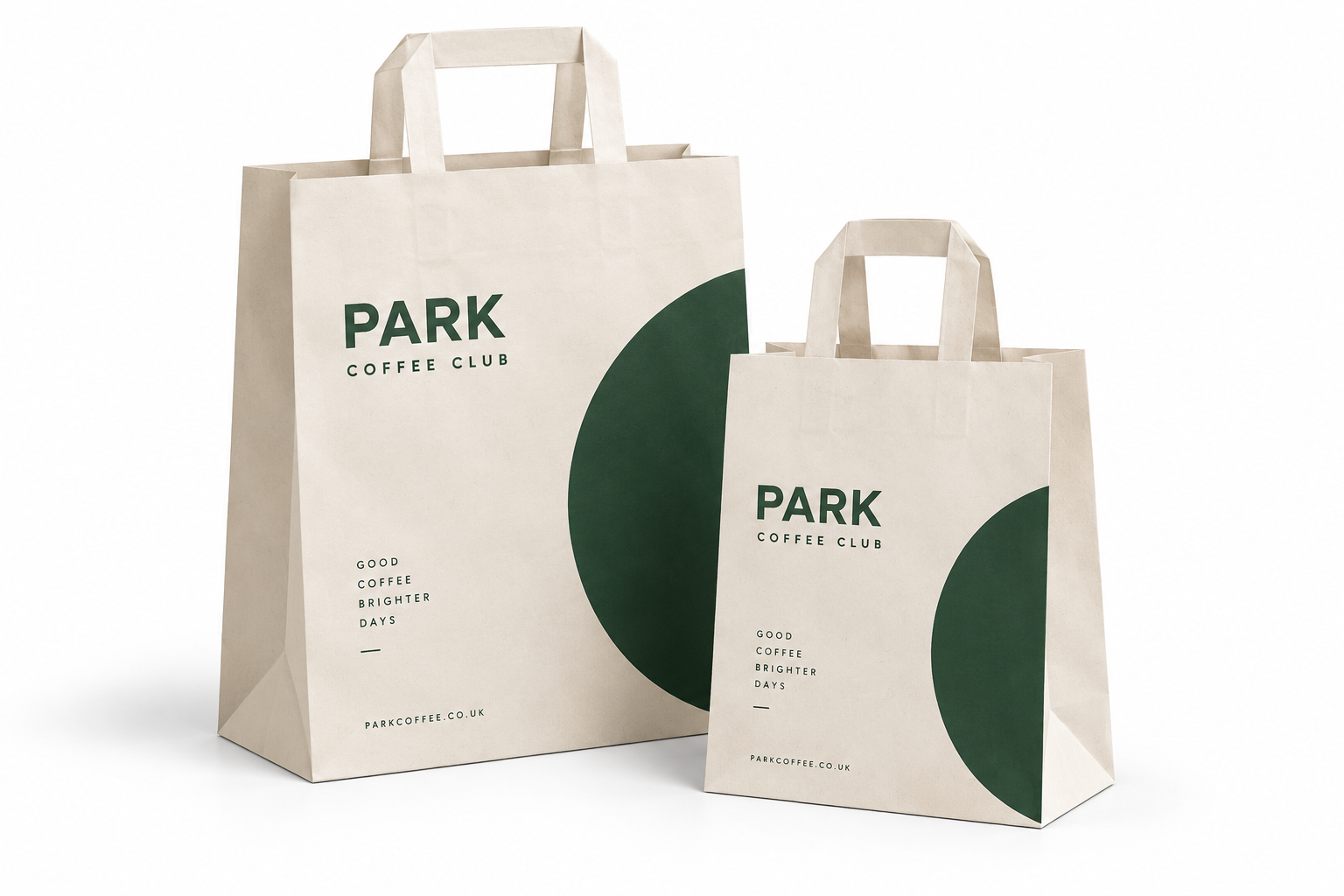 Two sizes of branded paper carrier bags with flat handles