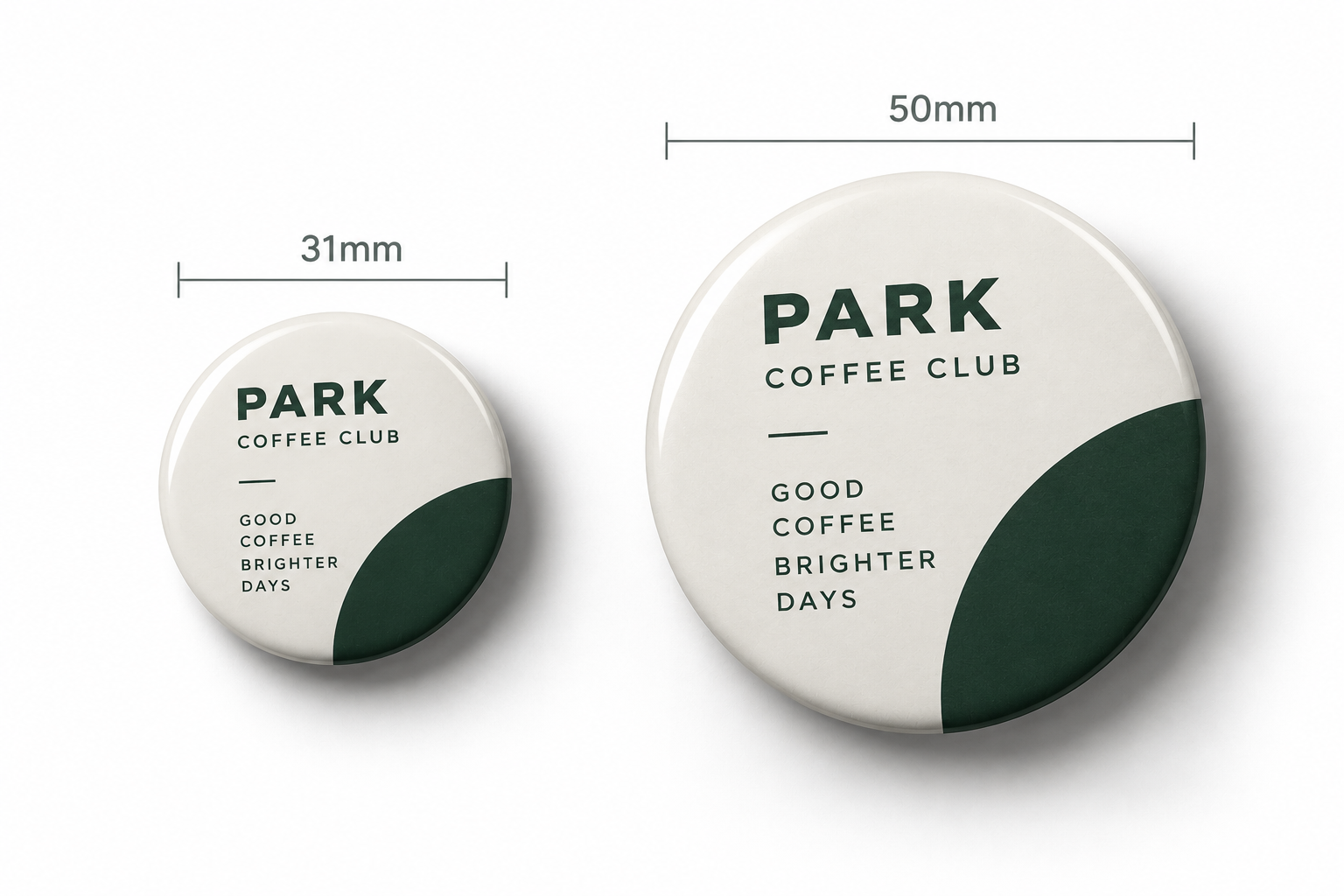 Round button badges printed with coordinated café branding
