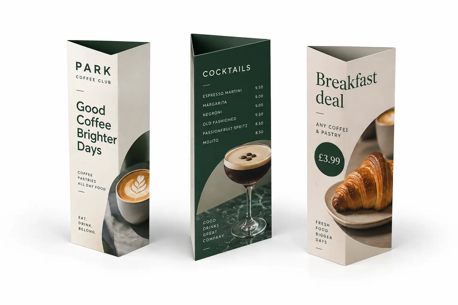 Three-sided branded café table talker promoting coffee and pastries