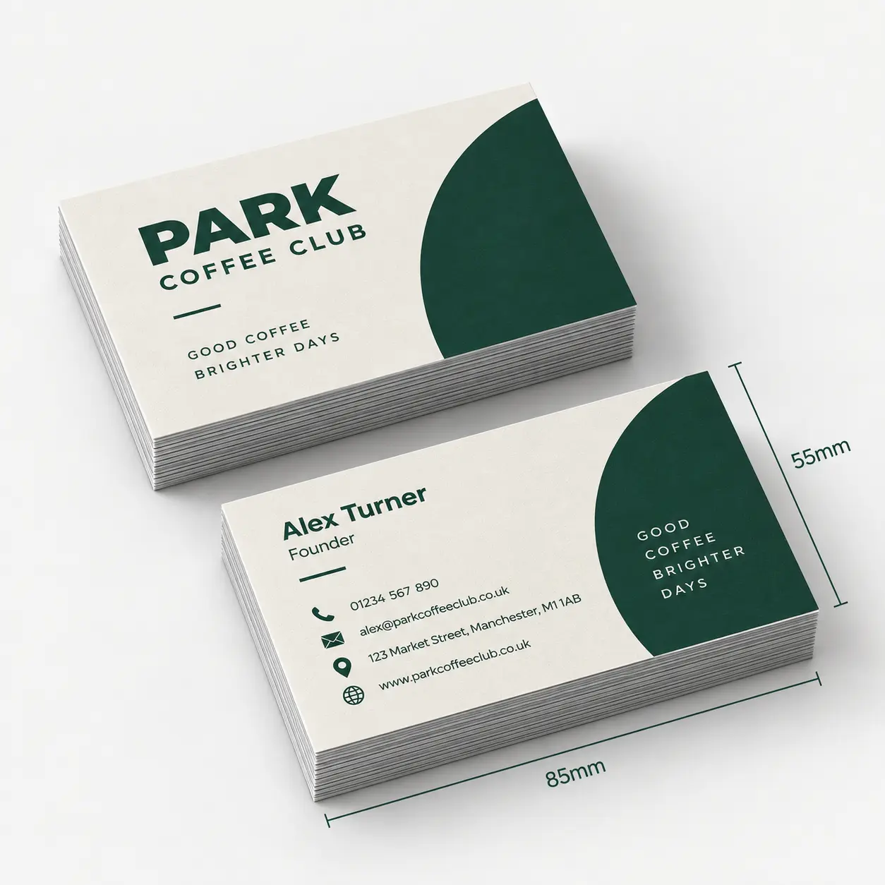 Standard 85 by 55 millimetre branded café business cards shown front and back