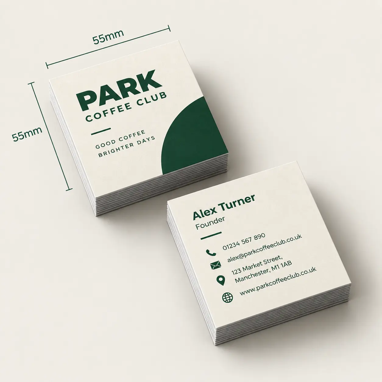 Square branded café business cards shown front and back with 55 millimetre dimensions