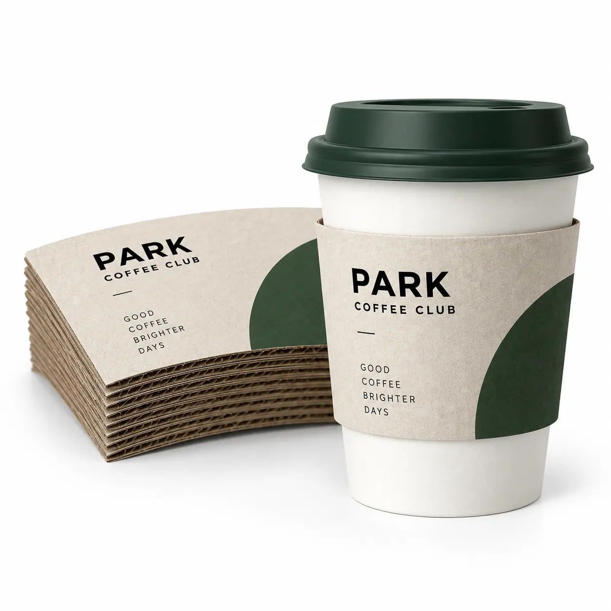 Branded kraft coffee cup sleeve fitted to a takeaway cup