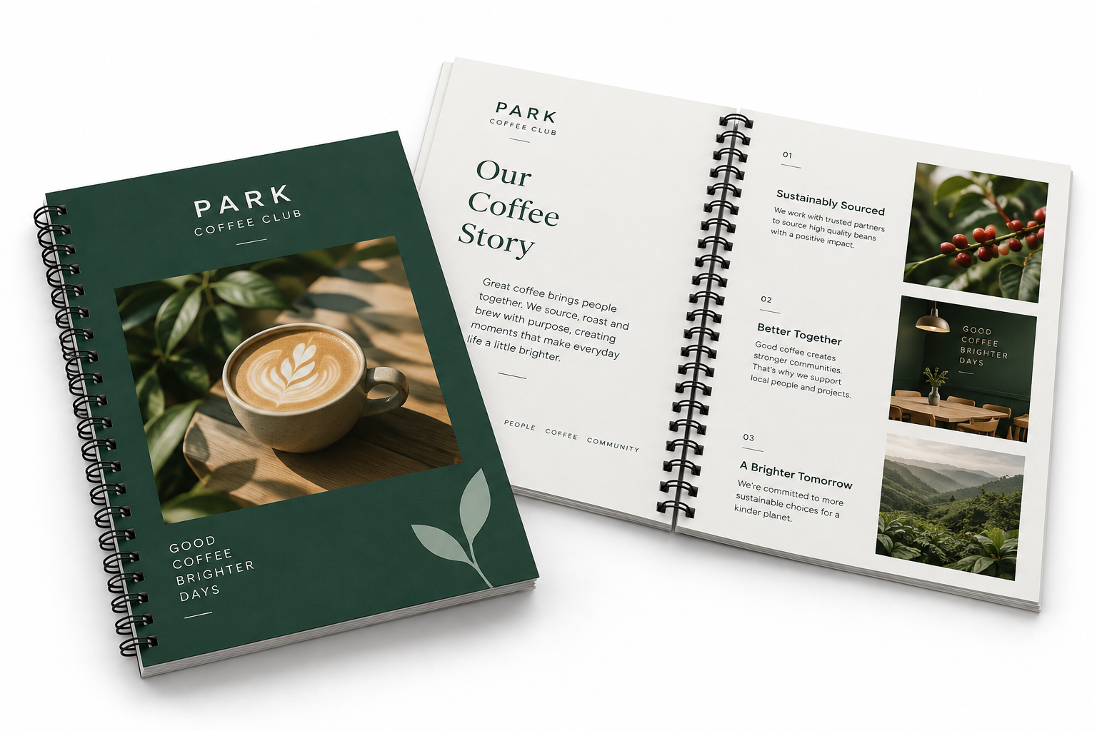 Open and closed custom-printed café booklets with black wire binding