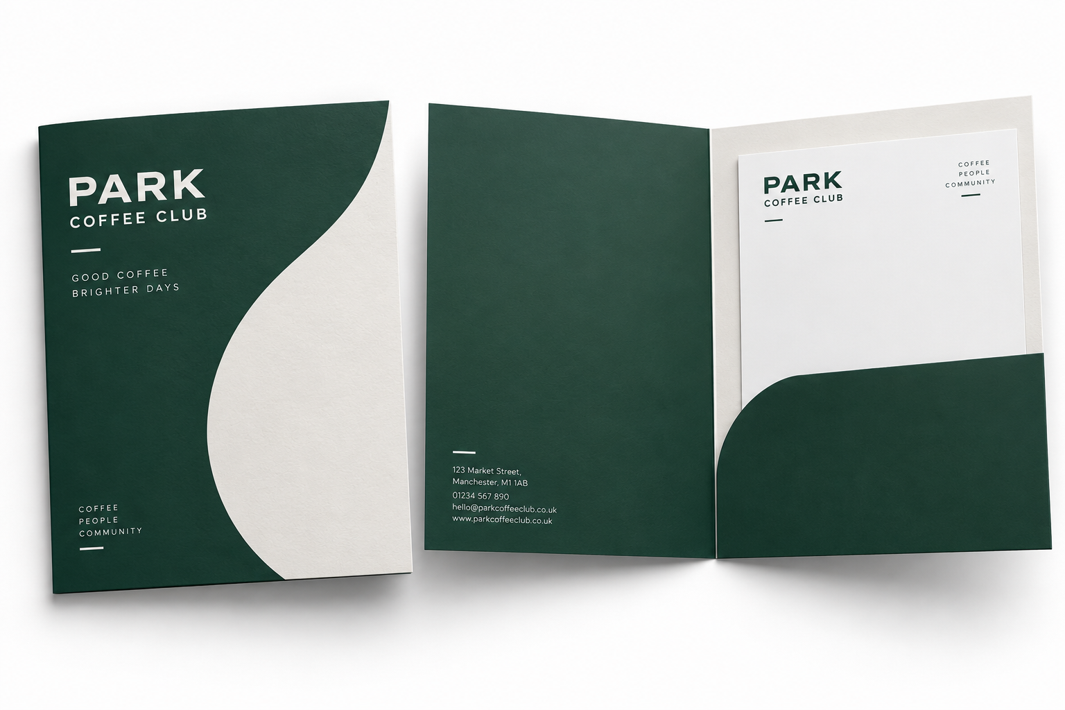 Branded café presentation folder shown closed and open with an internal document pocket