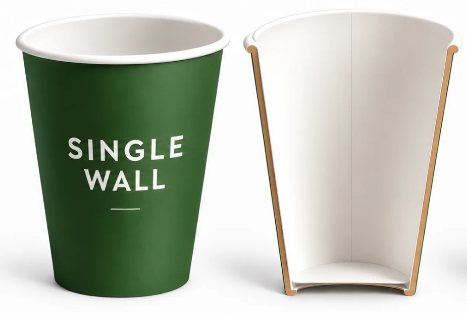 Single wall cup next to a cut-through showing its single layer of paper board