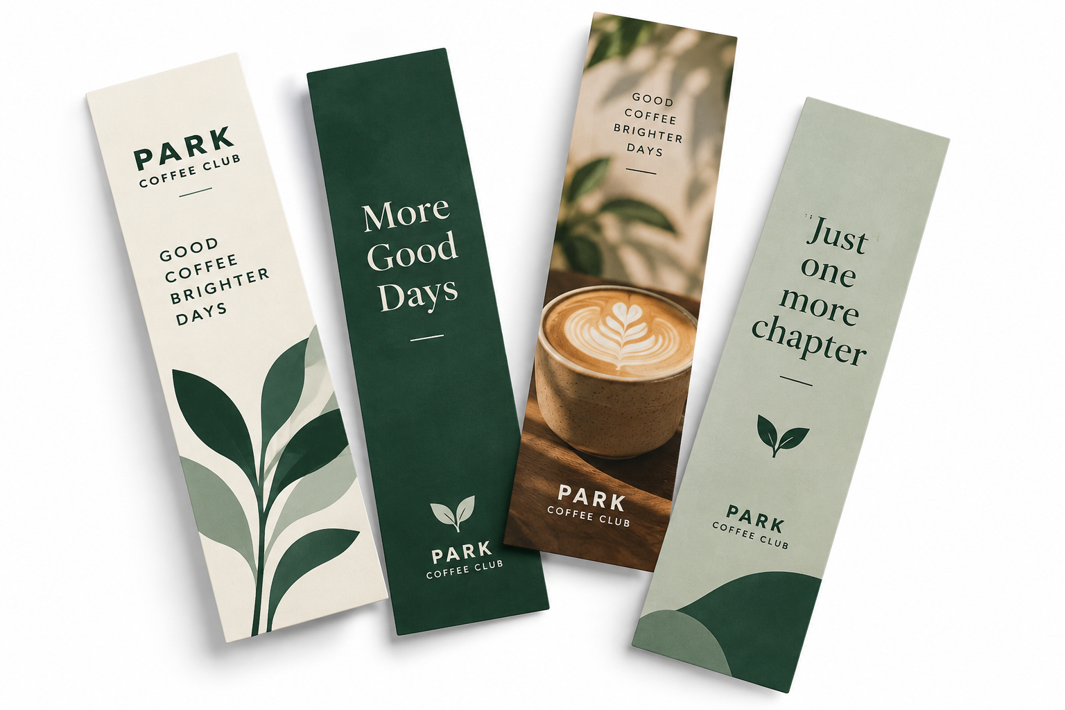 Four custom-printed café bookmarks with varied green designs