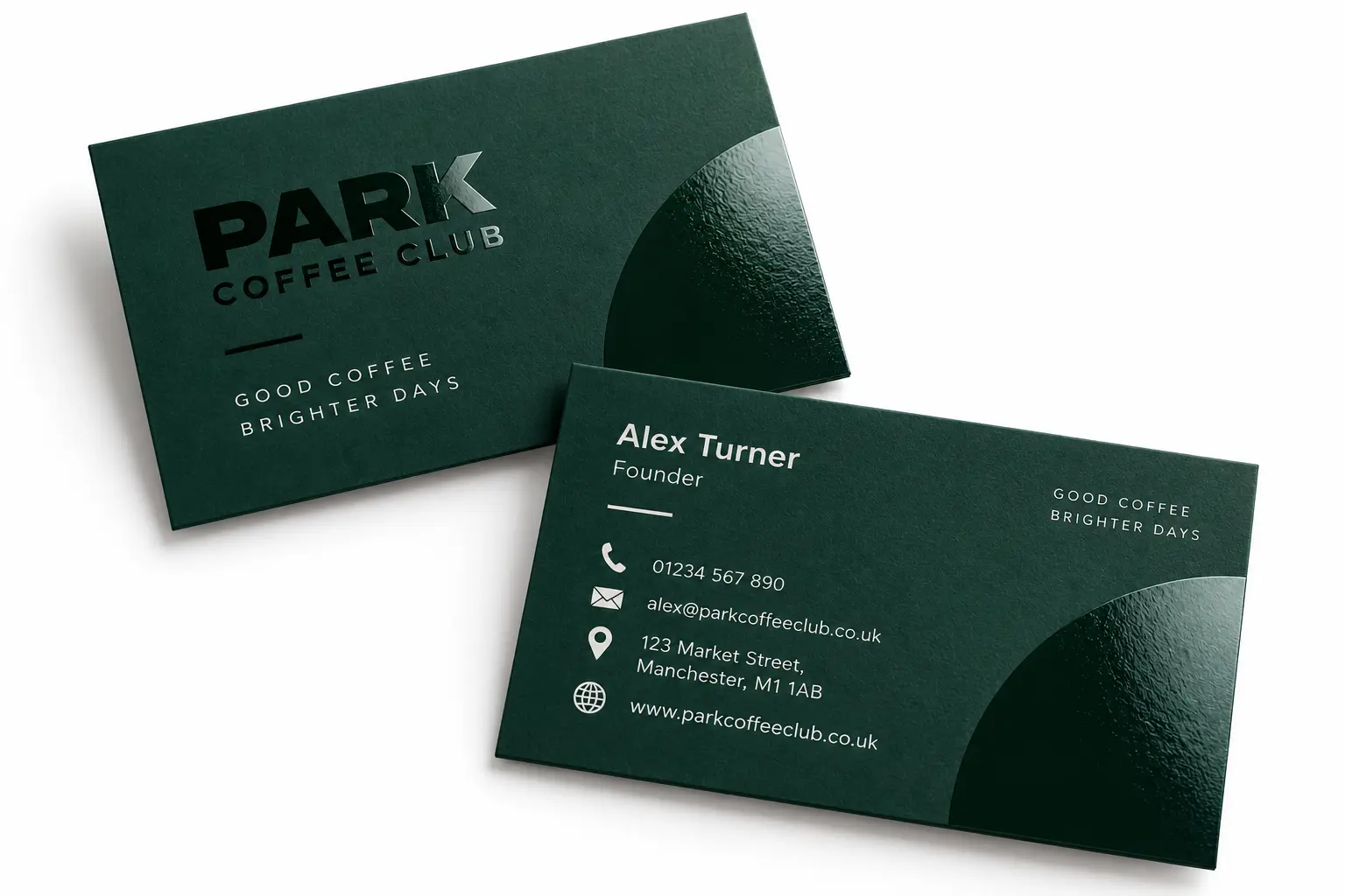 Dark green café business cards with glossy spot UV details