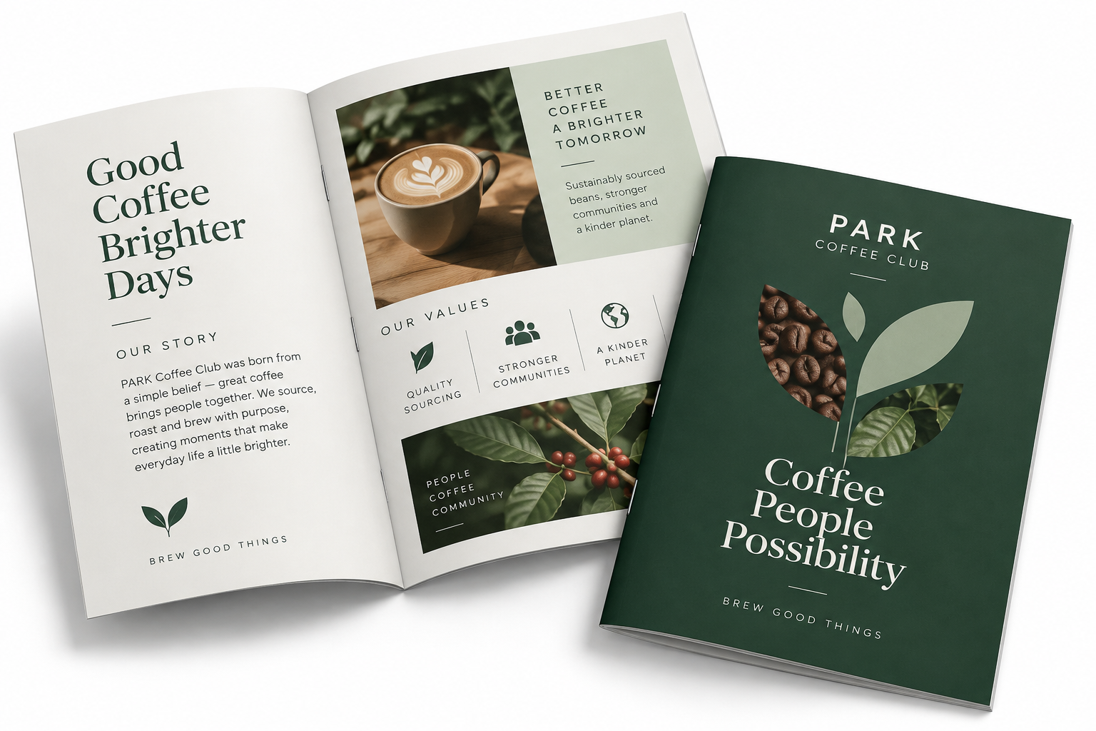 Open and closed custom-printed café booklets with stapled spines