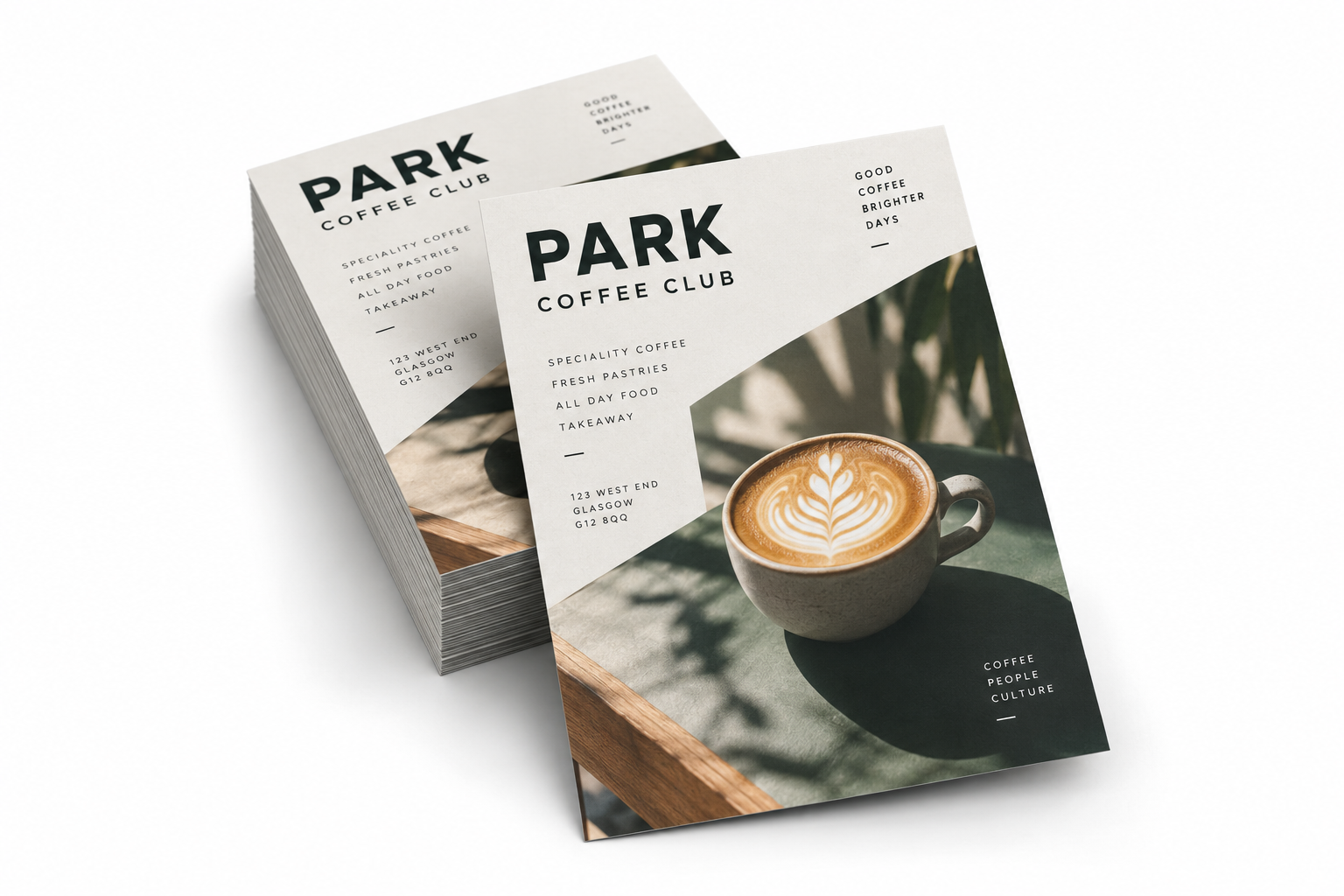Stack of colourful branded promotional flyers for a coffee business