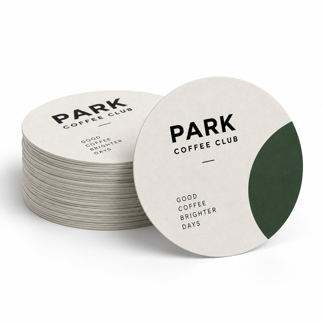 Stack of round custom-printed disposable drinks coasters