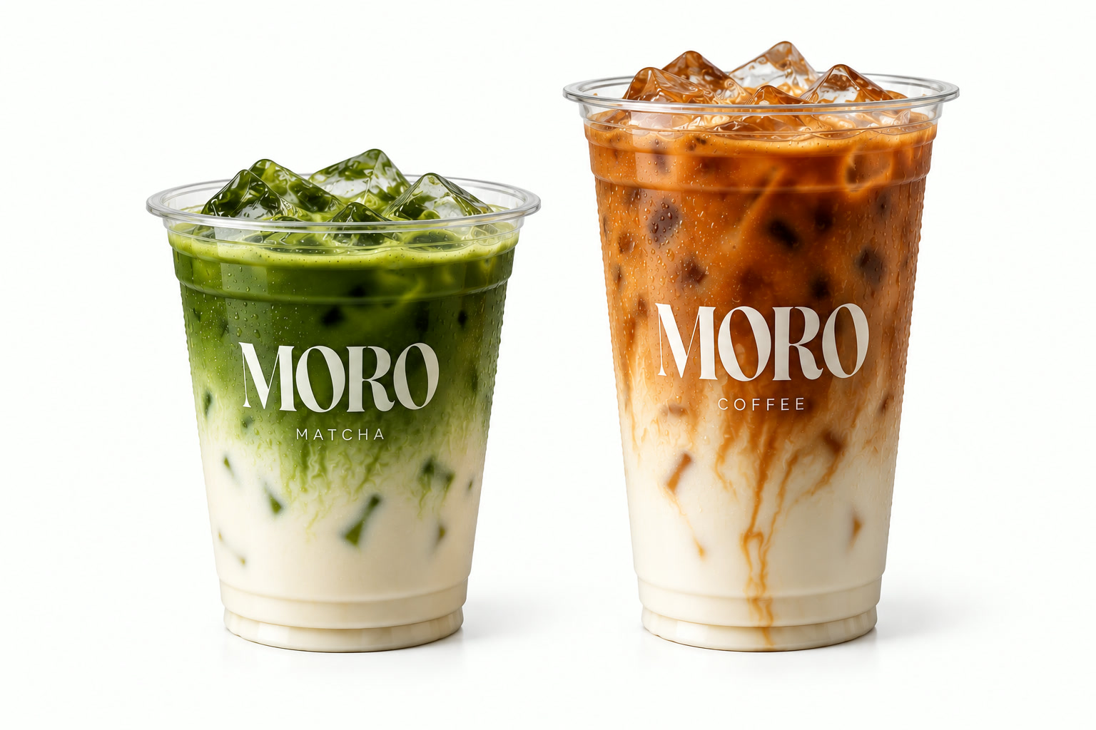 A 12oz iced matcha and a 16oz iced coffee in clear printed cups on a white background