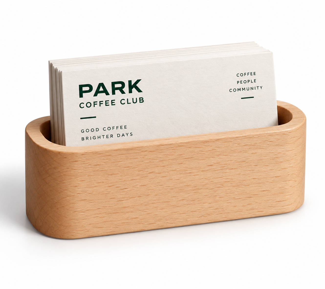 Wooden business card holder displaying branded café business cards