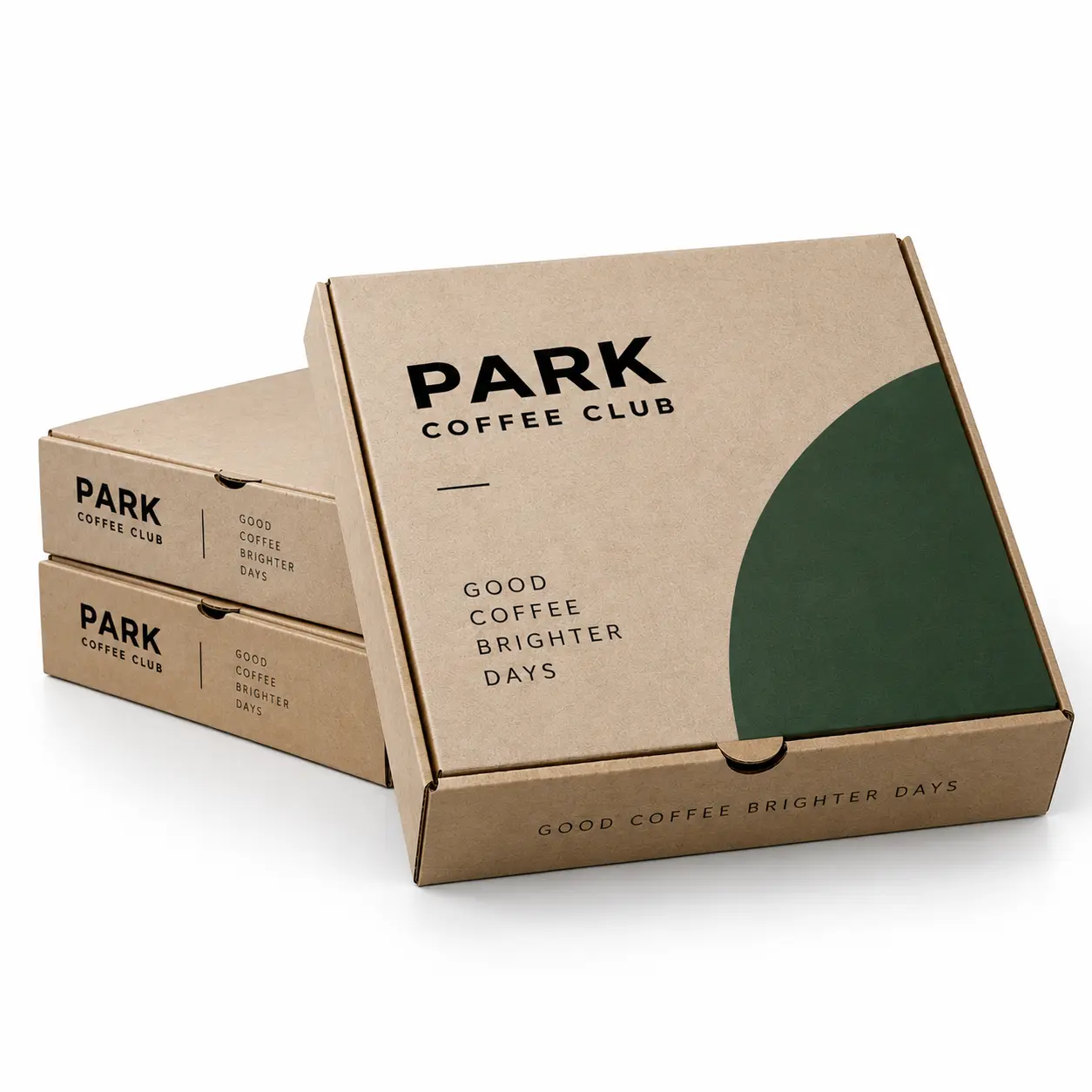 Stack of branded kraft pizza boxes with custom printed lids