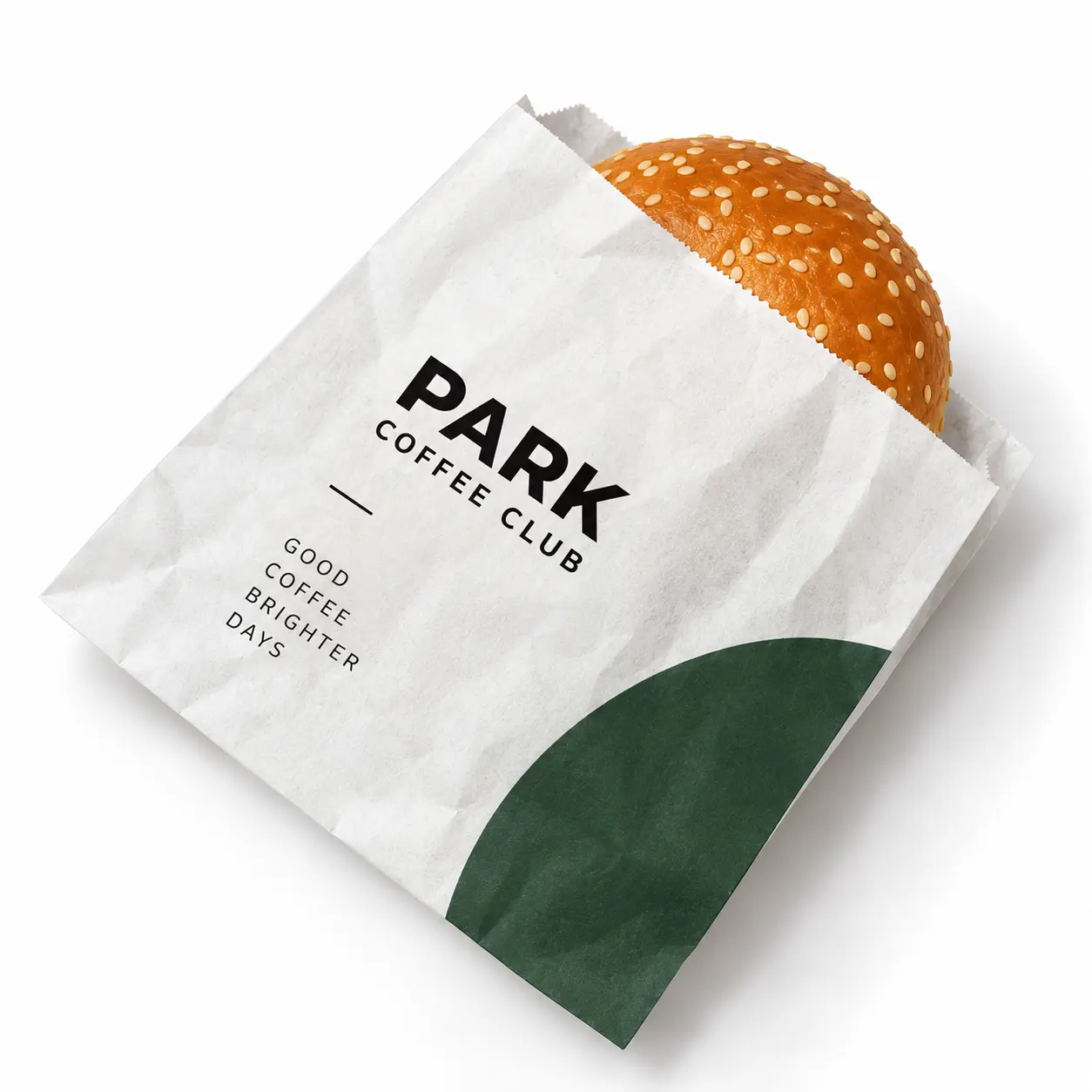 Branded white foil-lined food bag holding a burger