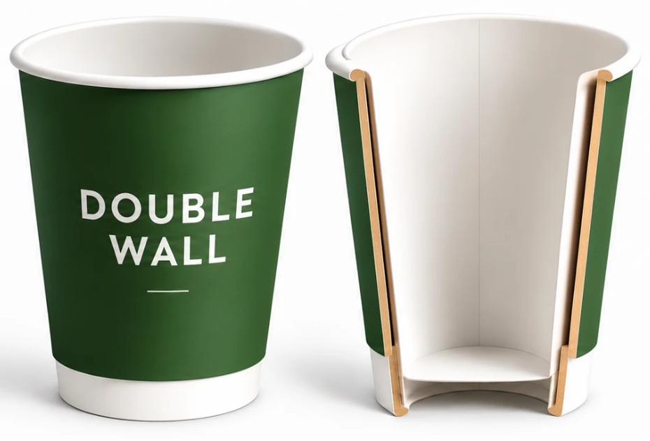Double wall cup next to a cut-through showing its two layers and the insulating air gap between them