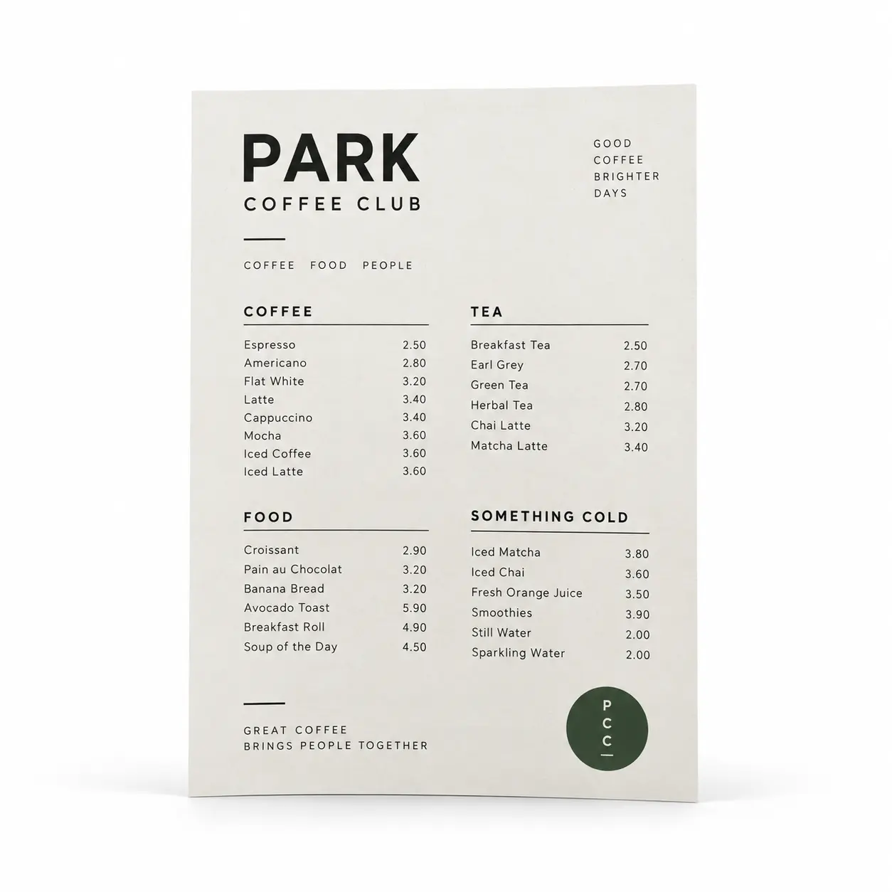 Branded single-use café menu printed on white paper