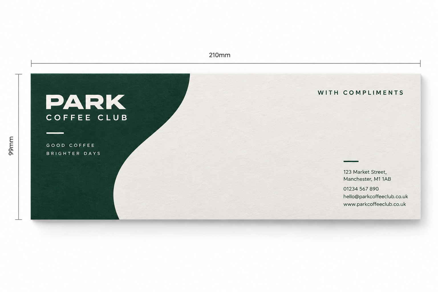 Branded café compliment slip with 210 by 99 millimetre dimensions