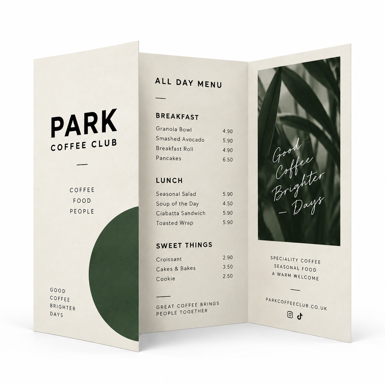 Branded folded café menu with breakfast, lunch and sweet sections