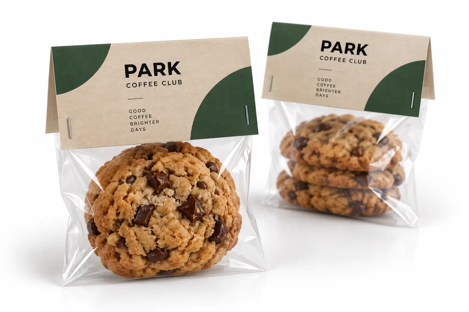 Branded folded bag toppers sealing clear bags of cookies