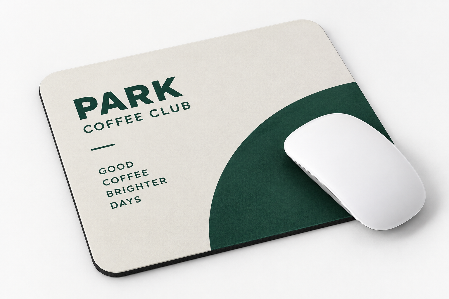 Branded cream and dark green mouse mat with a white computer mouse
