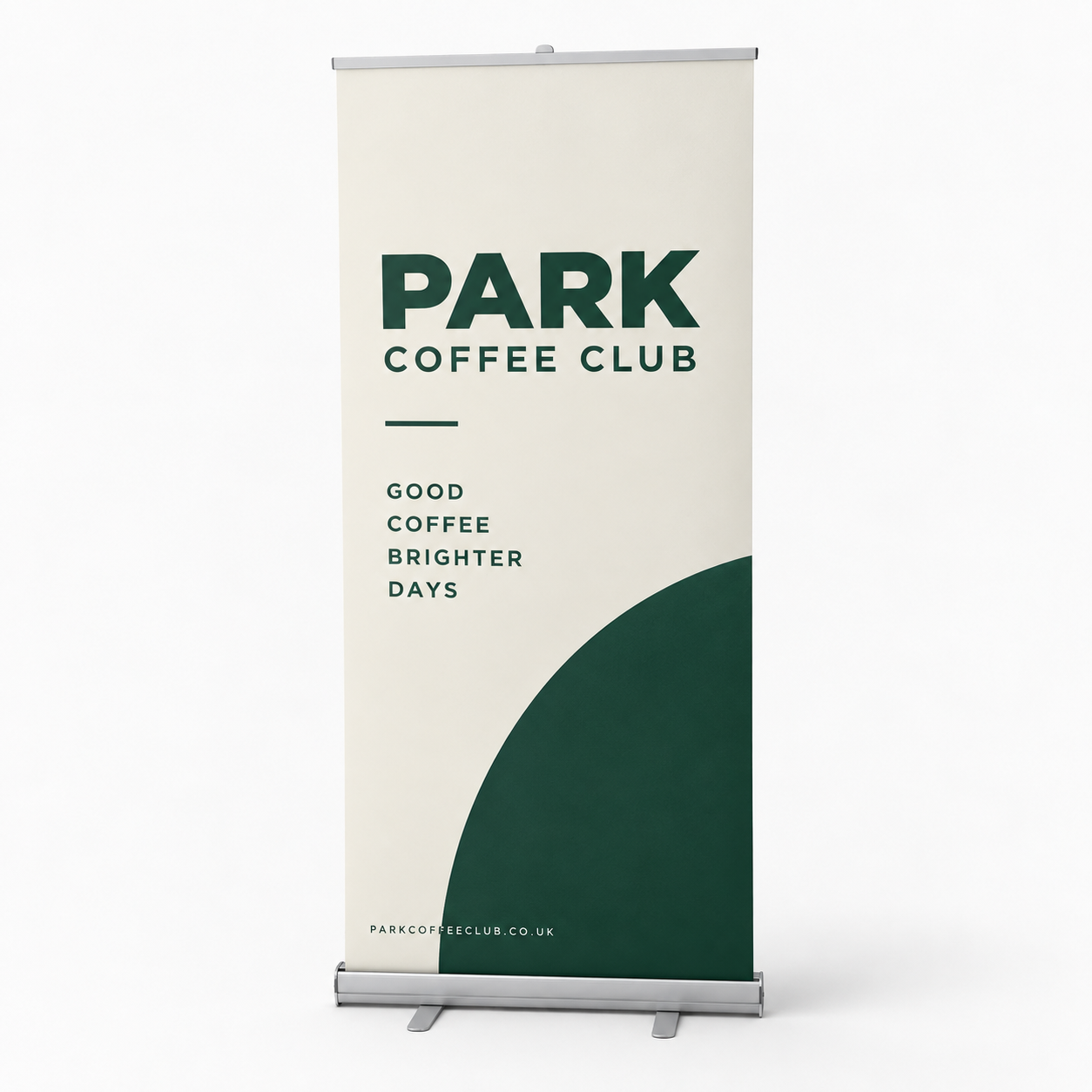 Full-height branded café roller banner in a silver base