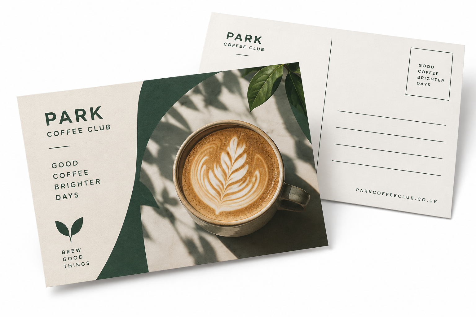 Front and reverse of custom-printed café postcards