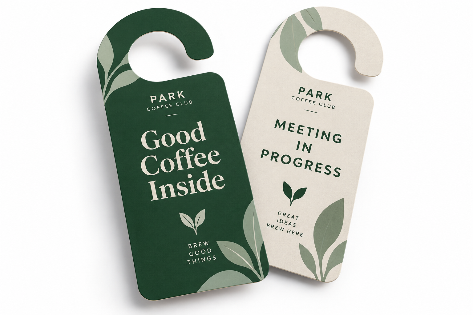 Two custom-printed café door hangers in green and cream