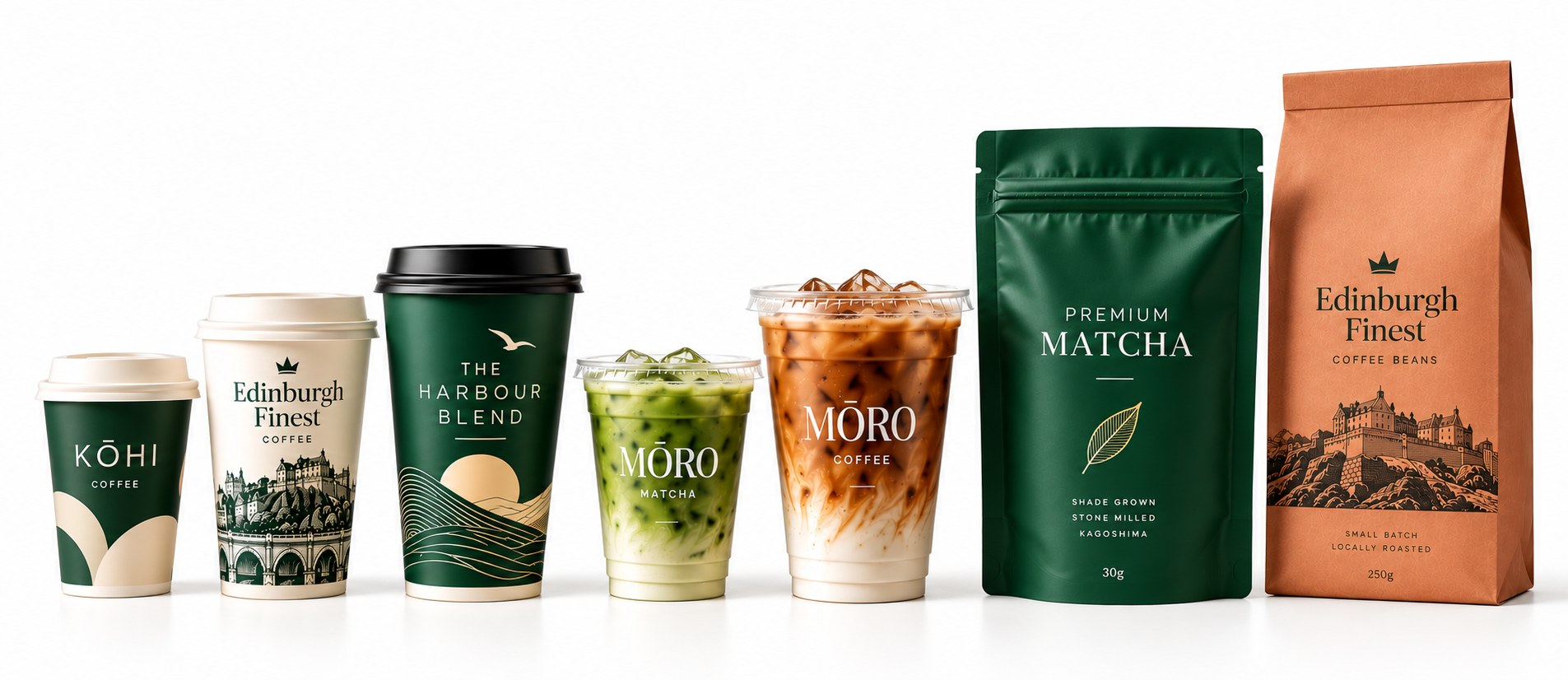 A row of branded packaging: three printed paper coffee cups, two iced drinks in clear cups, a matcha pouch and a coffee bean bag on a white background