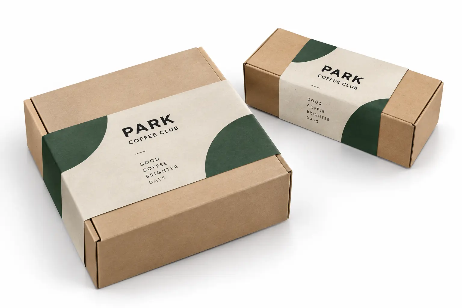 Two kraft packaging boxes wrapped with branded belly bands