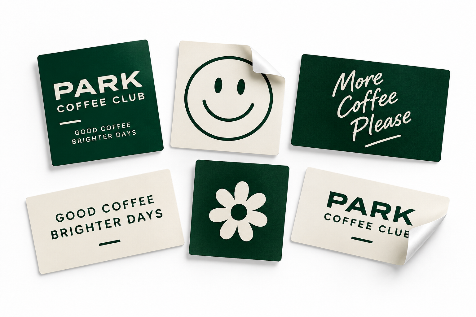 Collection of branded square stickers and labels for a coffee club