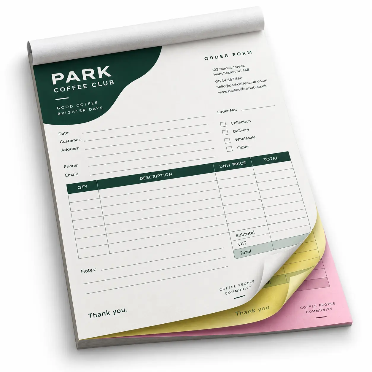 Branded carbonless order pad with white, yellow and pink duplicate sheets